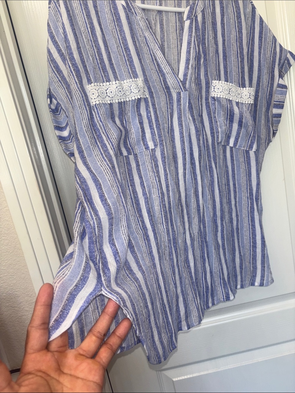 Striped Blue & White V-Neck Pocket Tunic with Lace Trim